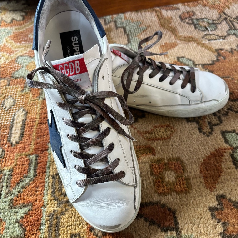 Golden Goose Super Star Sneaker In White With Blue Star And Heel. Camo L…